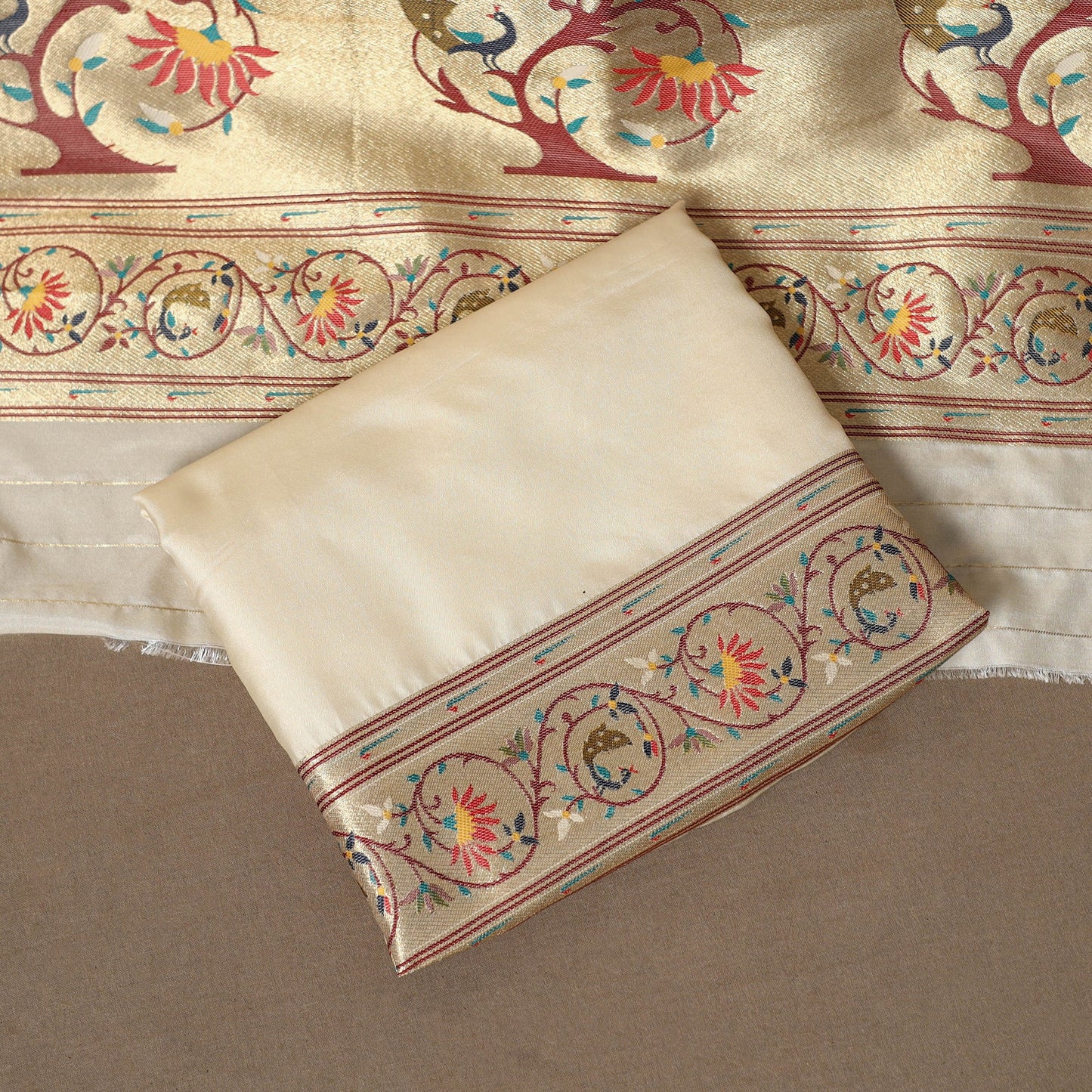 Beige - 3pc bangalore silk paithani dress material 09