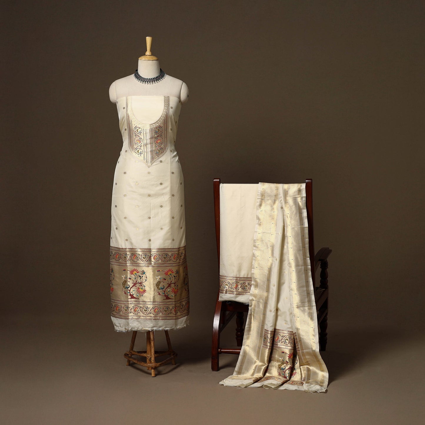 Beige - 3pc bangalore silk paithani dress material 09