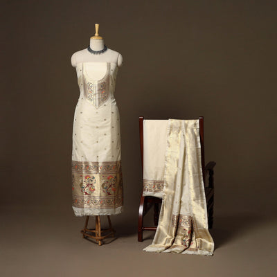 Beige - 3pc bangalore silk paithani dress material 09