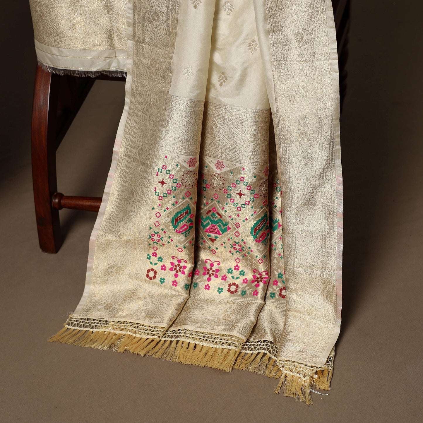 Beige - 3pc bangalore silk paithani dress material 11