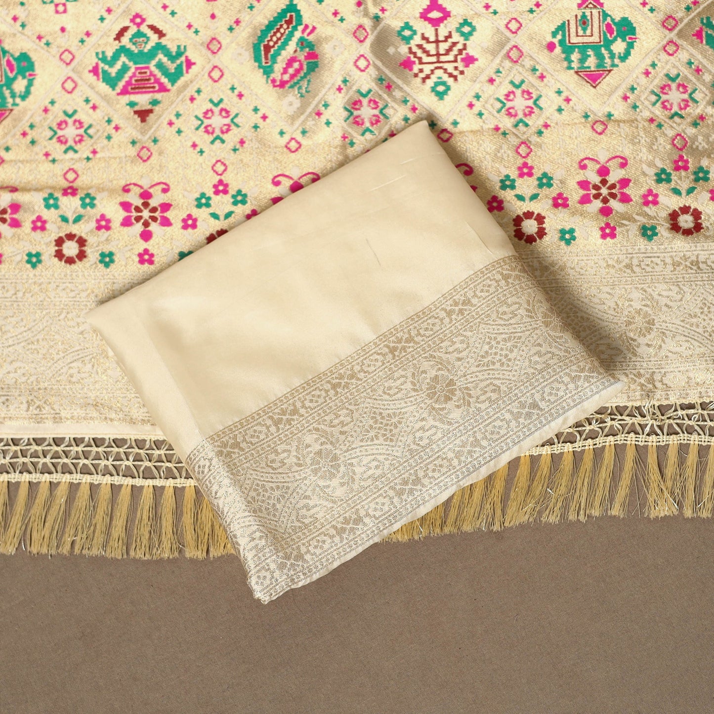 Beige - 3pc bangalore silk paithani dress material 11