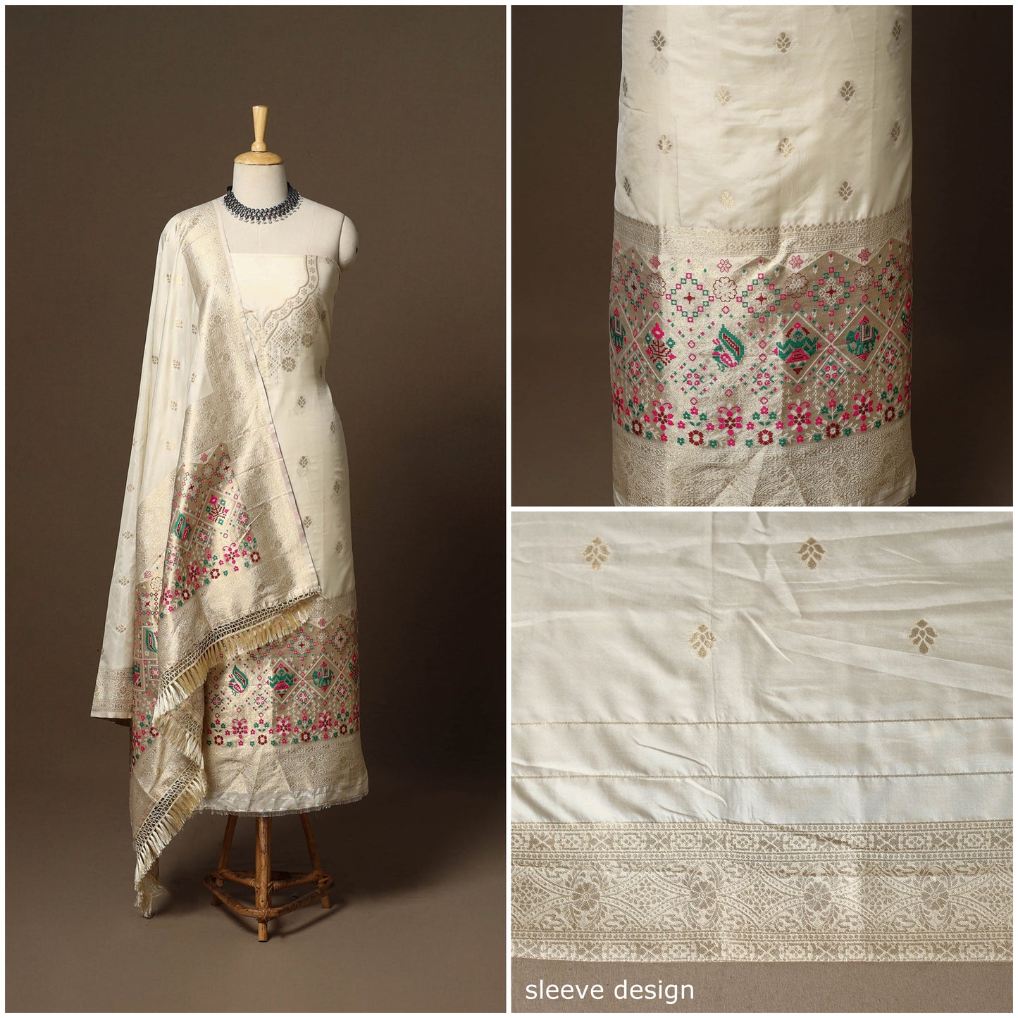 Beige - 3pc bangalore silk paithani dress material 11