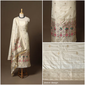 Beige - 3pc bangalore silk paithani dress material 11
