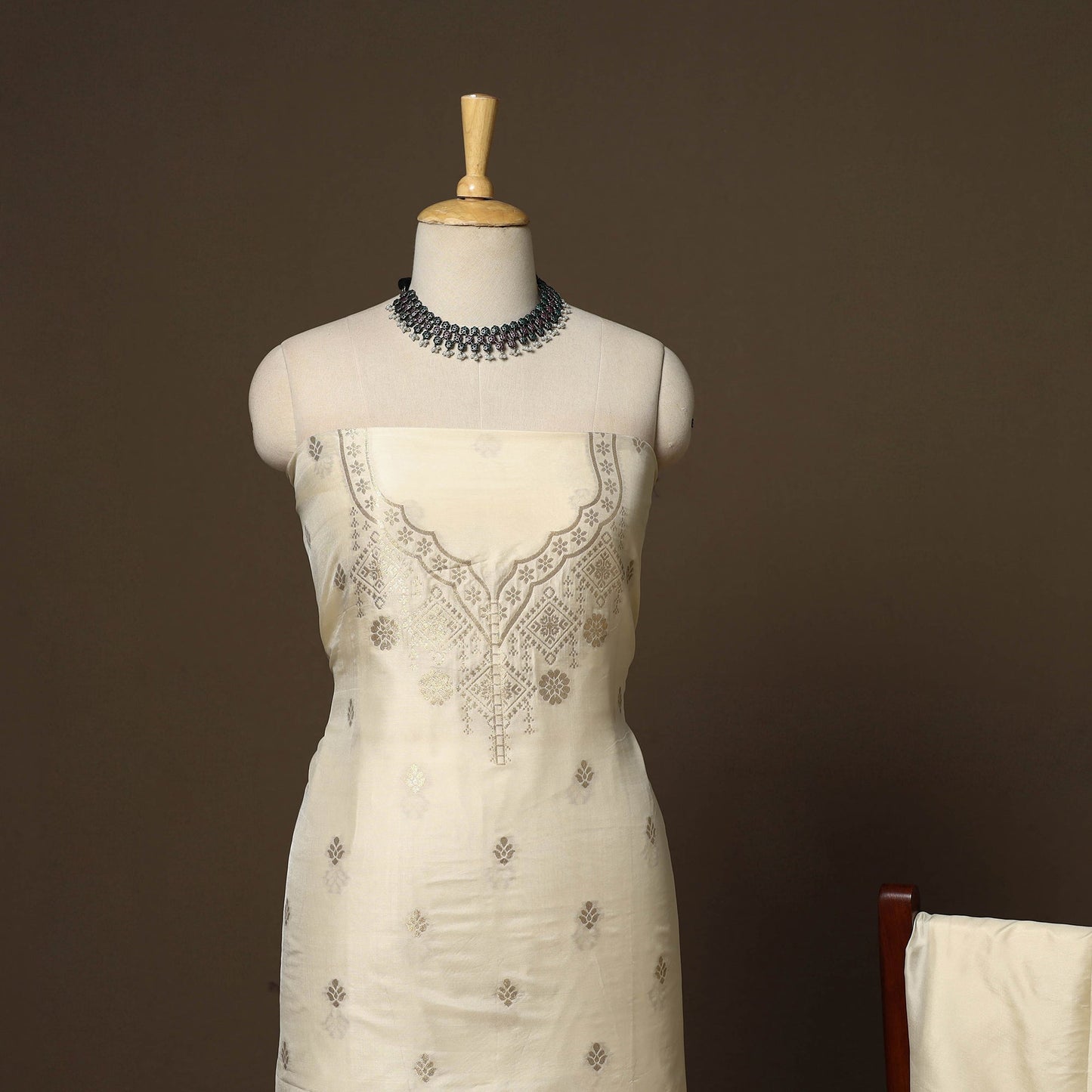 Beige - 3pc bangalore silk paithani dress material 11