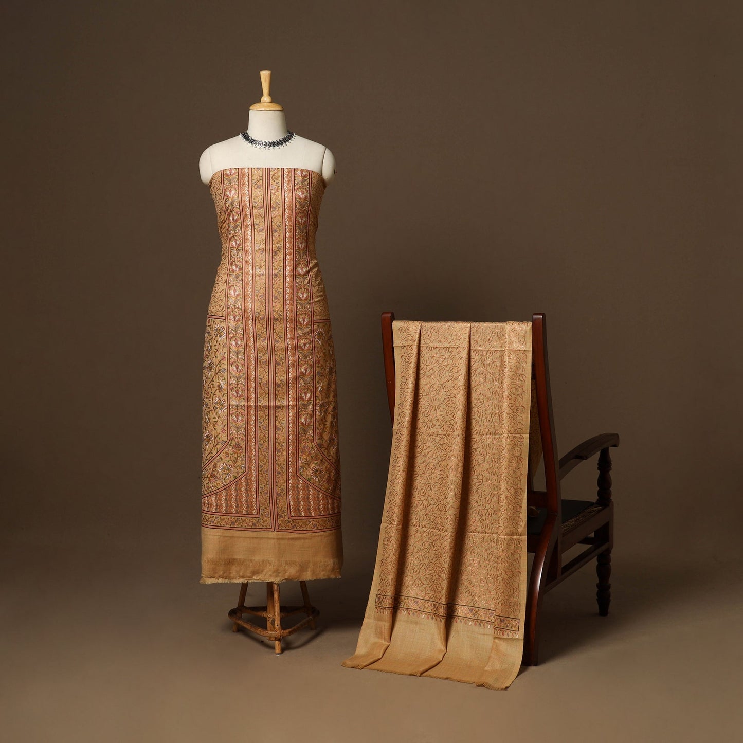 Beige - 3pc chain stitch hand embroidered merino wool