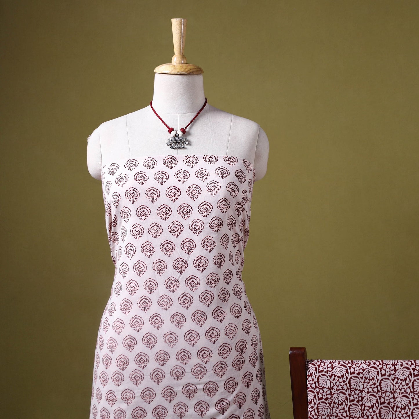 Beige 3pc Cotton Bagh Print Dress Material with Jewellery Set 