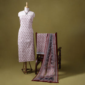 Beige 3pc Cotton Bagh Print Dress Material with Jewellery Set 