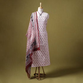 Beige 3pc Cotton Bagh Print Dress Material with Jewellery Set 