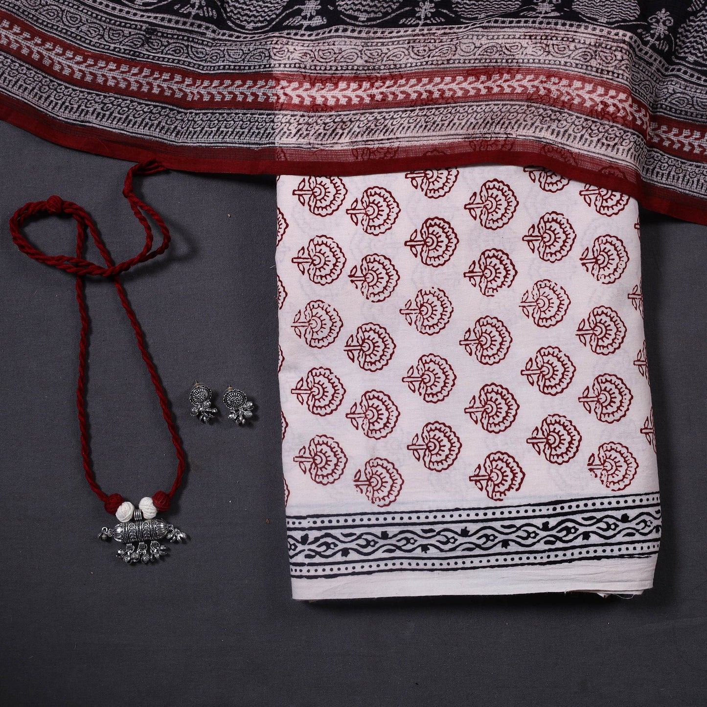 Beige 3pc Cotton Bagh Print Dress Material with Jewellery Set 