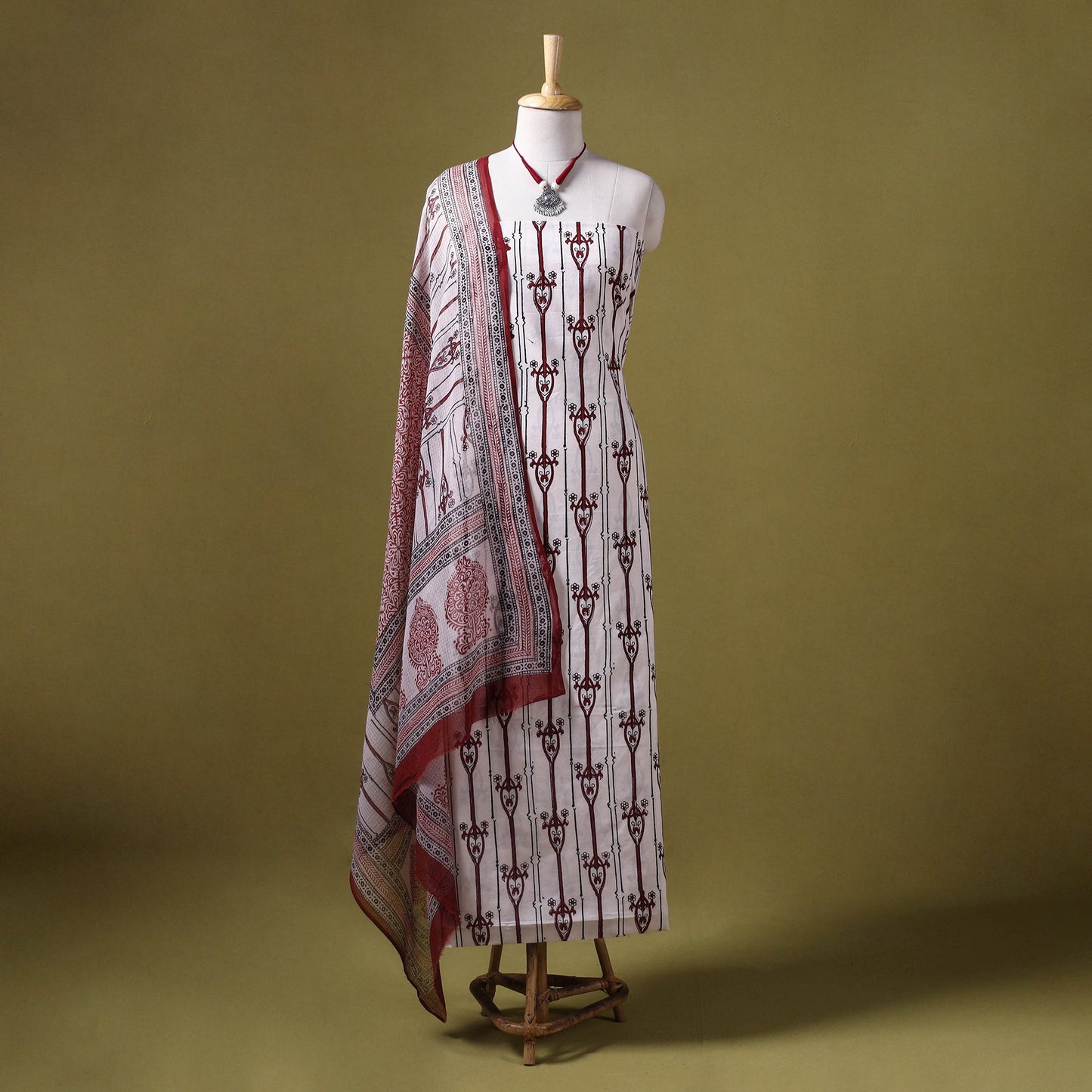 Beige 3pc Cotton Bagh Print Dress Material with Jewellery Set 