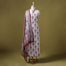 Beige 3pc Cotton Bagh Print Dress Material with Jewellery Set 