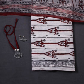 Beige 3pc Cotton Bagh Print Dress Material with Jewellery Set 