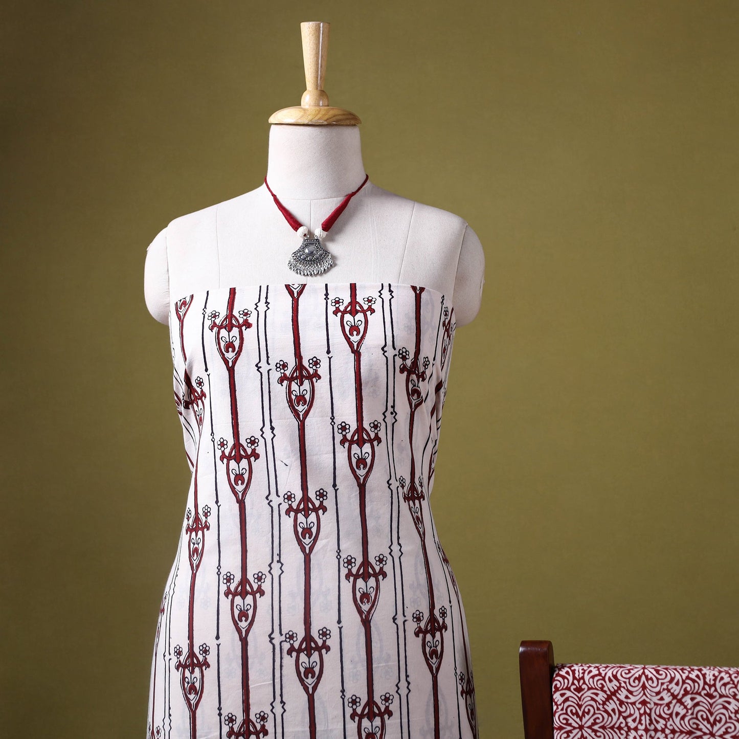 Beige 3pc Cotton Bagh Print Dress Material with Jewellery Set 