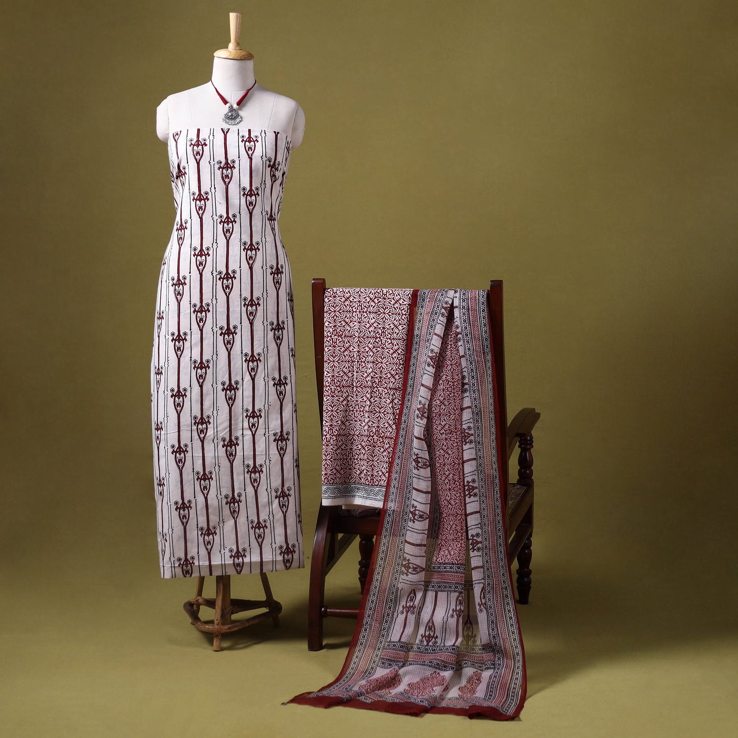 Beige 3pc Cotton Bagh Print Dress Material with Jewellery Set 