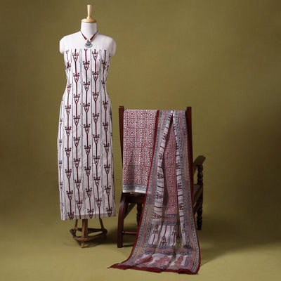 Beige 3pc Cotton Bagh Print Dress Material with Jewellery Set 