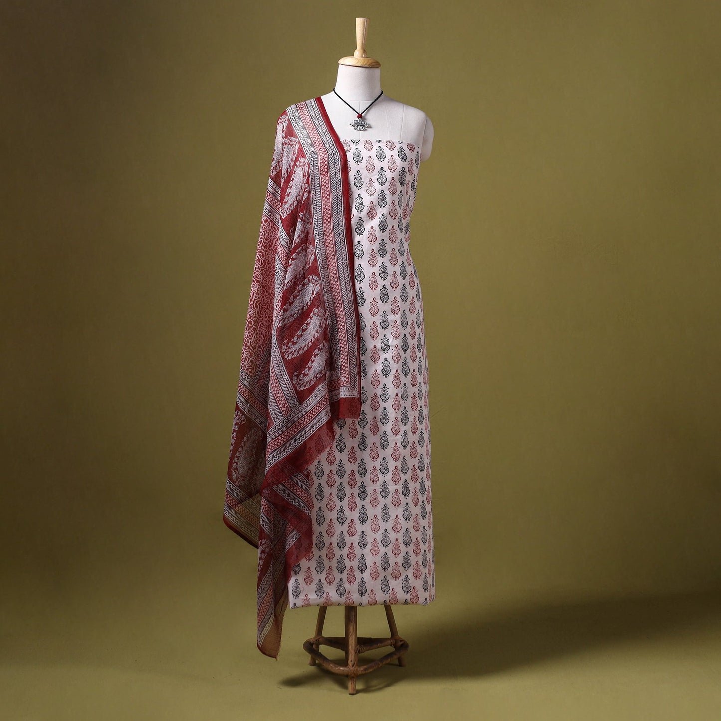 Beige 3pc Cotton Bagh Print Dress Material with Jewellery Set 