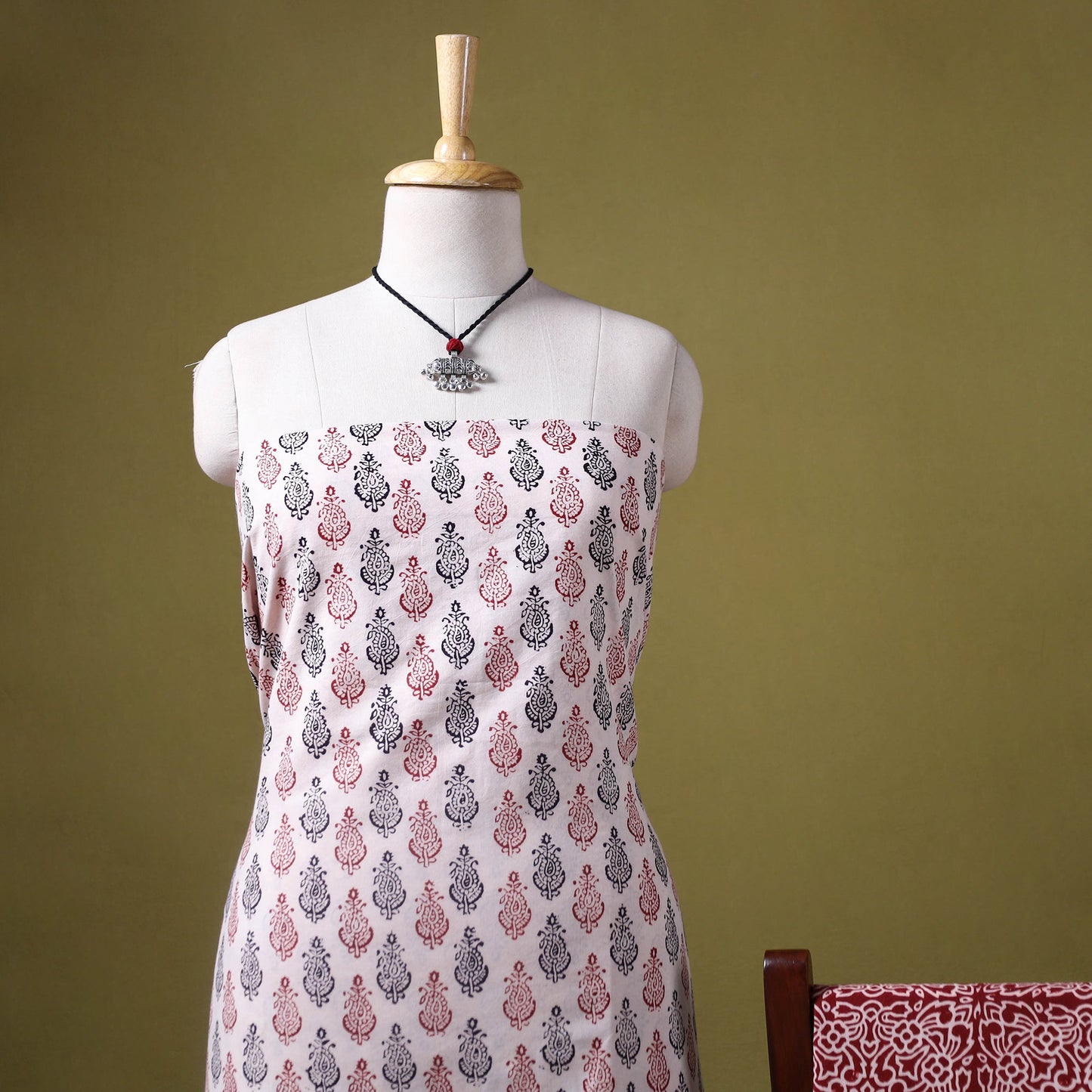 Beige 3pc Cotton Bagh Print Dress Material with Jewellery Set 