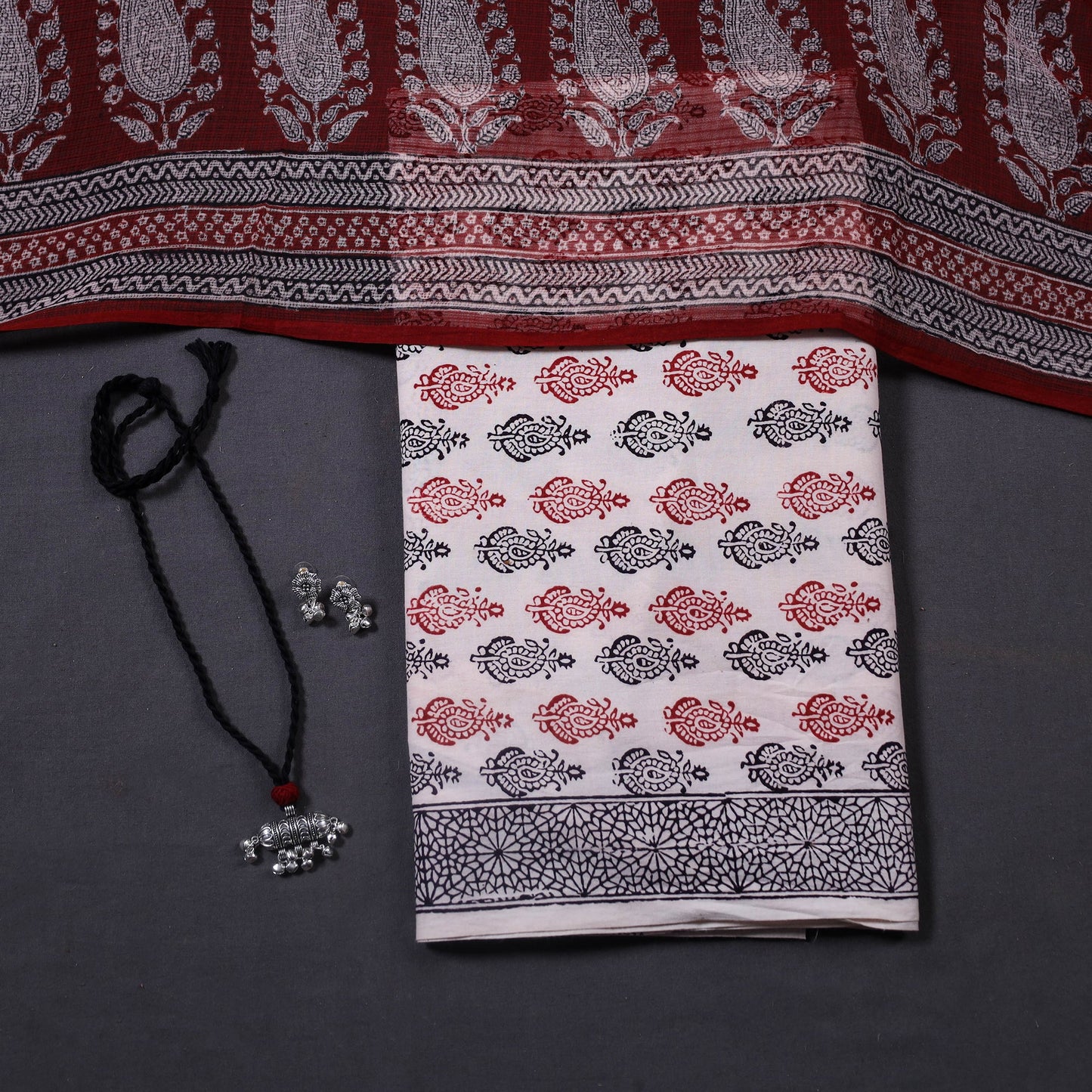 Beige 3pc Cotton Bagh Print Dress Material with Jewellery Set 