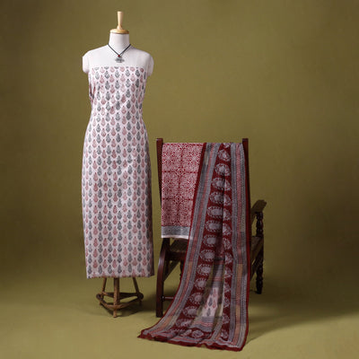 Beige 3pc Cotton Bagh Print Dress Material with Jewellery Set 