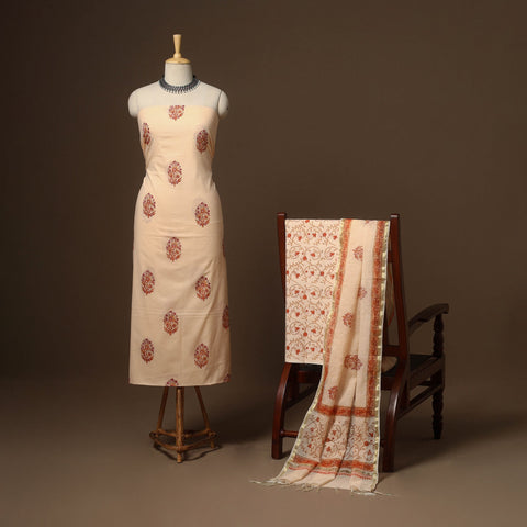Beige - 3pc cotton hand sanganeri unstitched dress material
