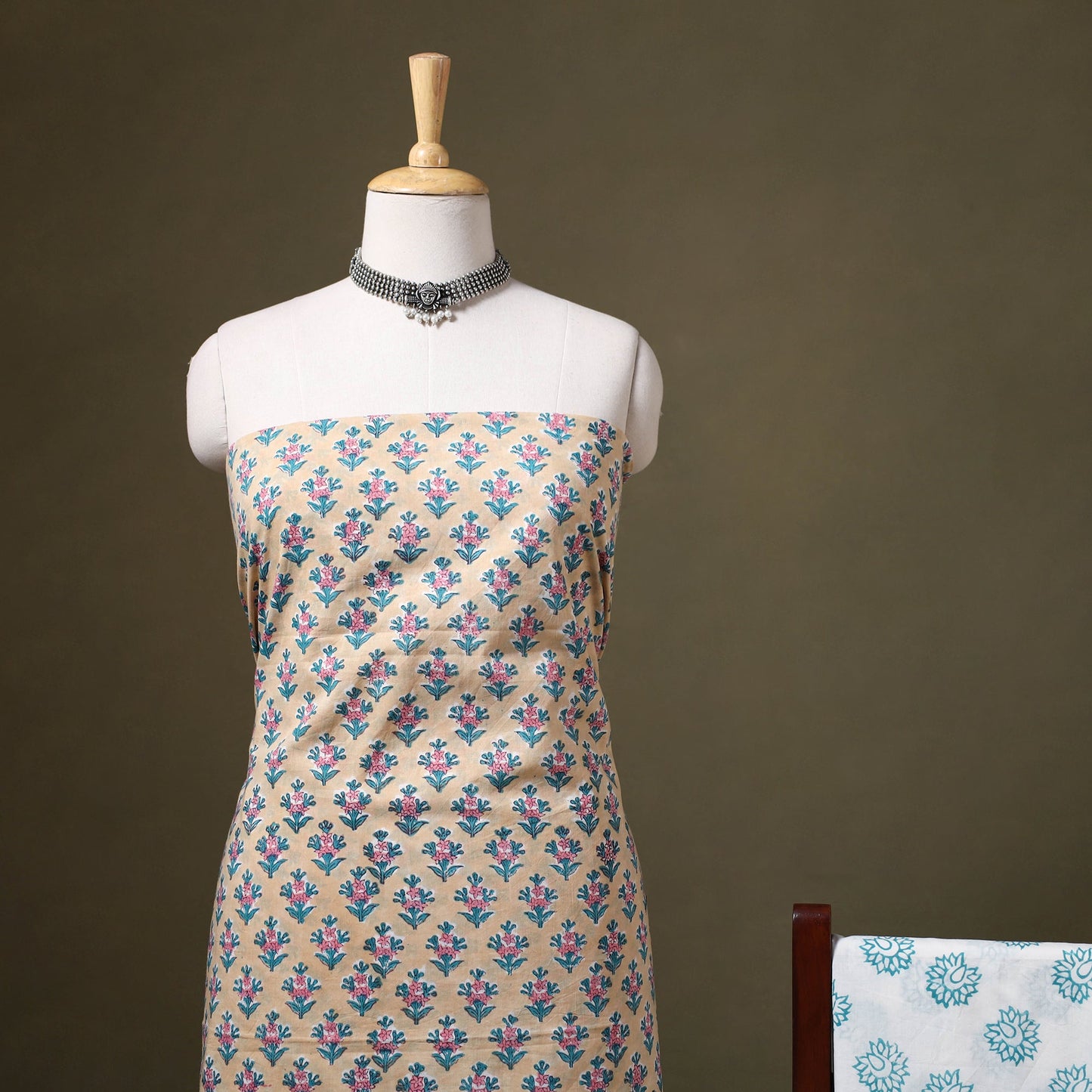 Beige - 3pc cotton sanganeri unstitched dress material 04