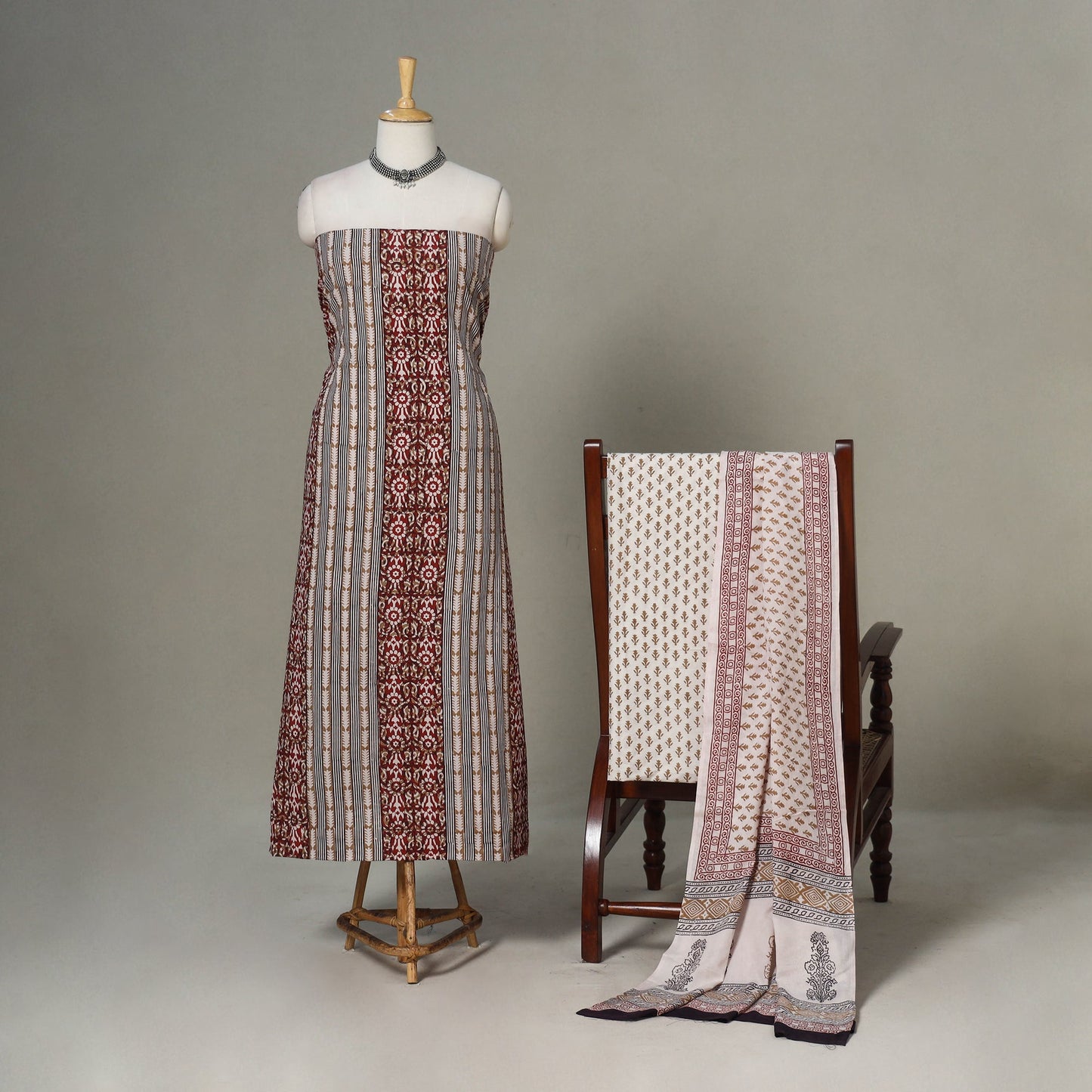 Beige - 3pc cotton unstitched bagh dress material 12