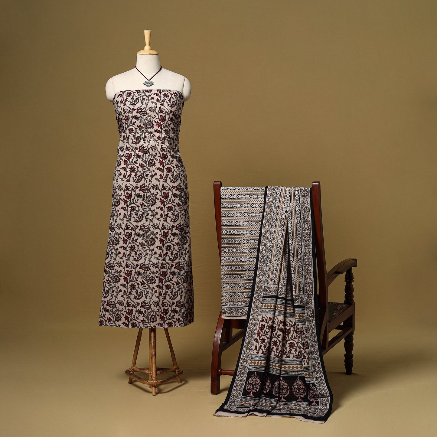 Beige - 3pc cotton unstitched bagh dress material