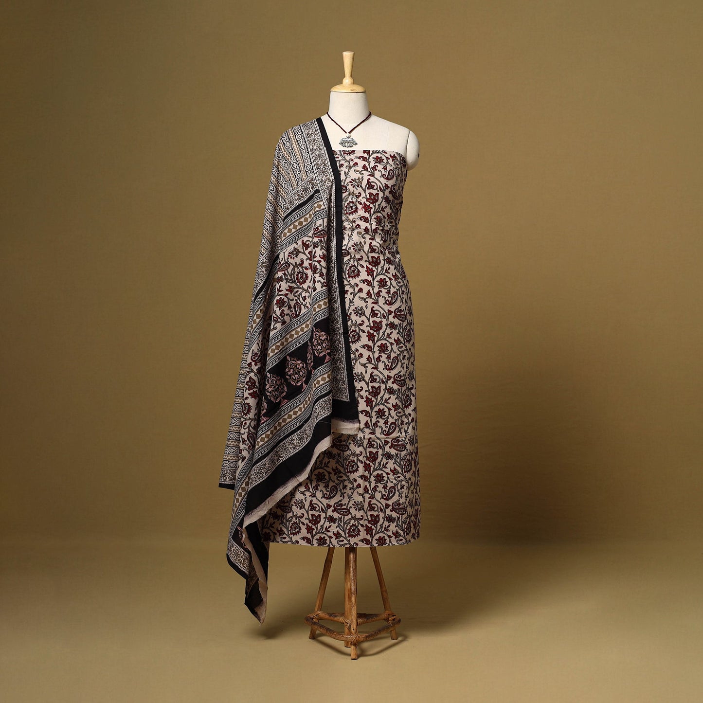 Beige - 3pc cotton unstitched bagh dress material