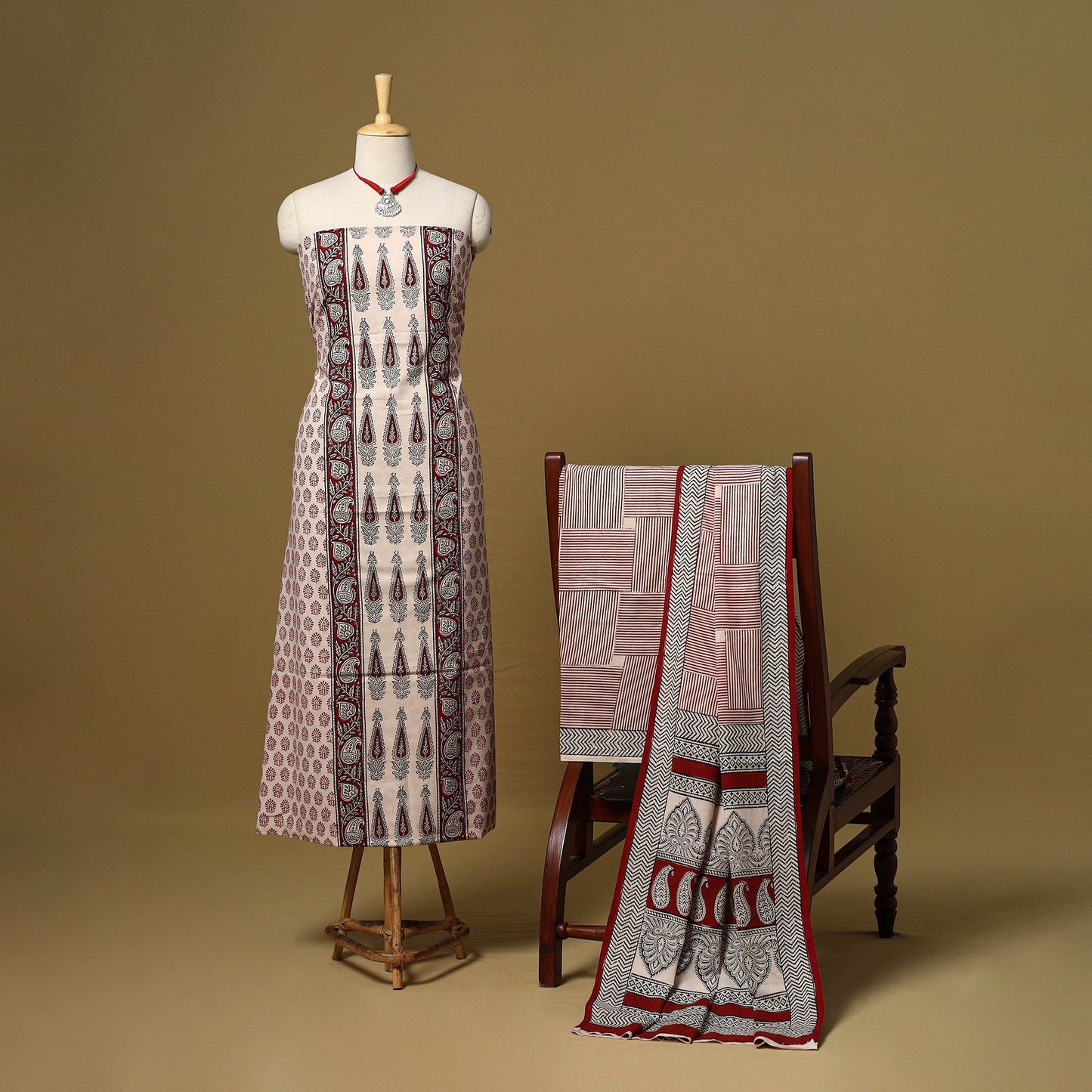 Beige - 3pc cotton unstitched bagh dress material