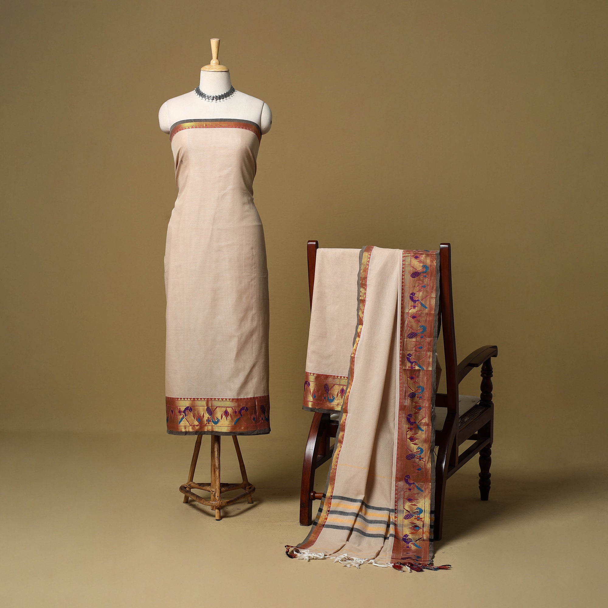 Green Dharwad Cotton Dress Material With Woven Border