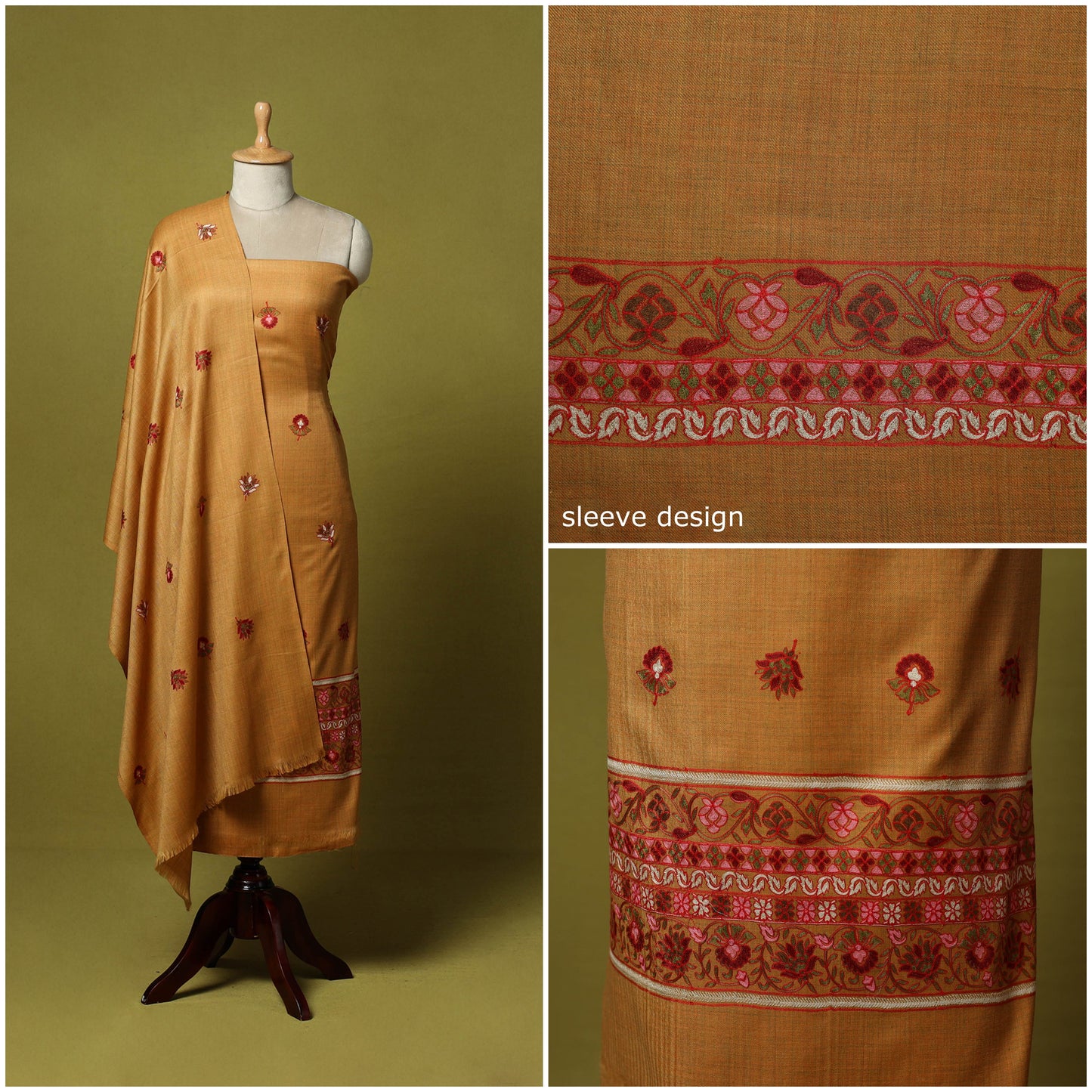 Beige - 3pc embroidered merino wool unstitched dress