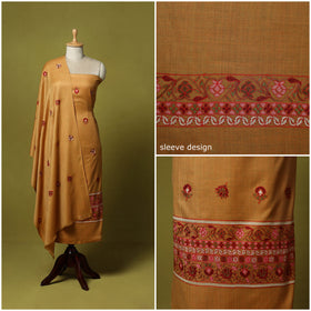 Beige - 3pc embroidered merino wool unstitched dress