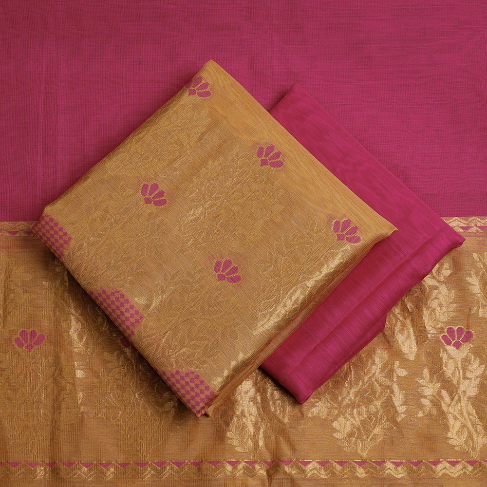 Beige - 3pc Handloom Silk Cotton Zari Suit Material Set