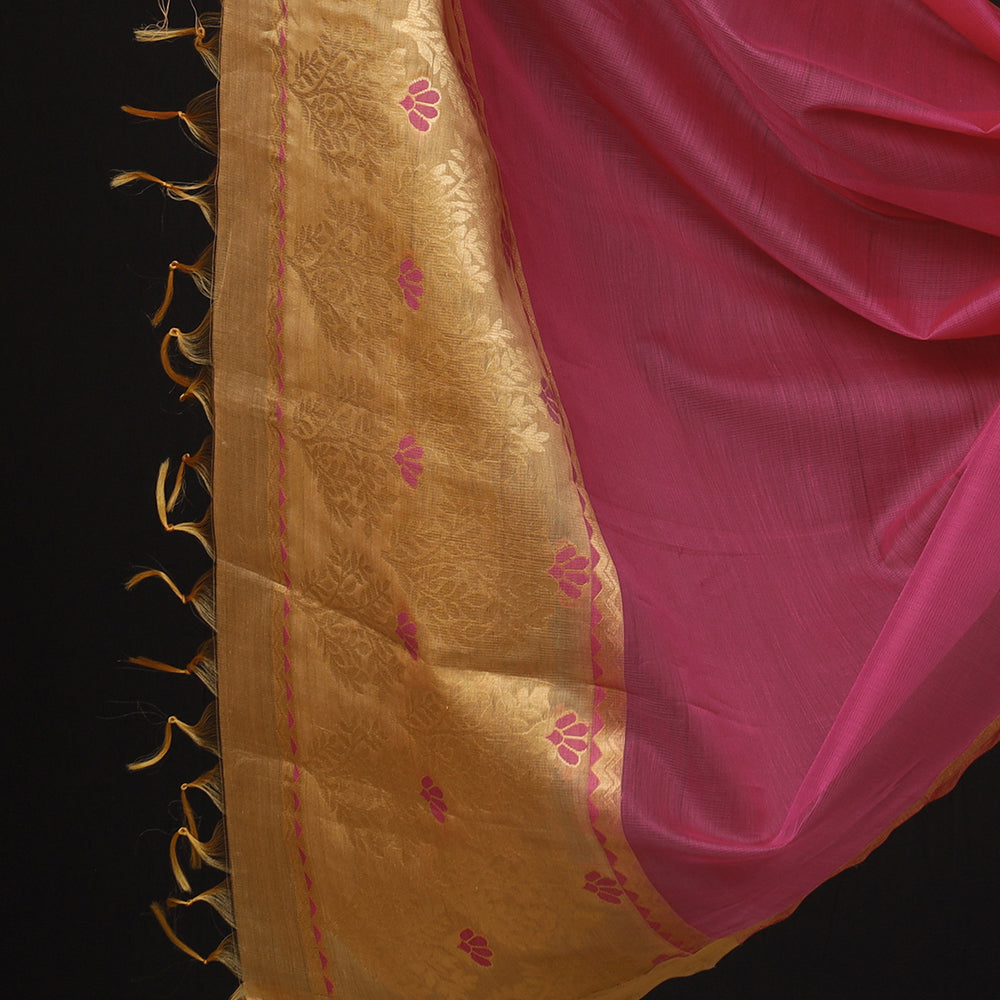 Beige - 3pc Handloom Silk Cotton Zari Suit Material Set