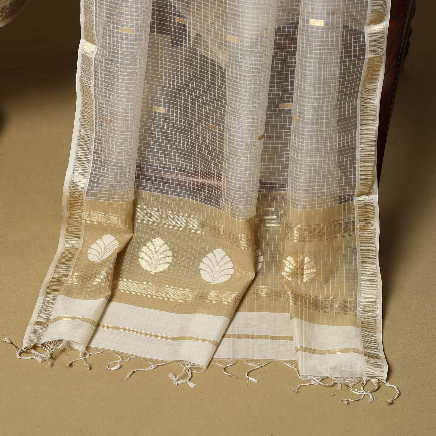Beige - 3pc handloom thread & zari buti unstitched chanderi