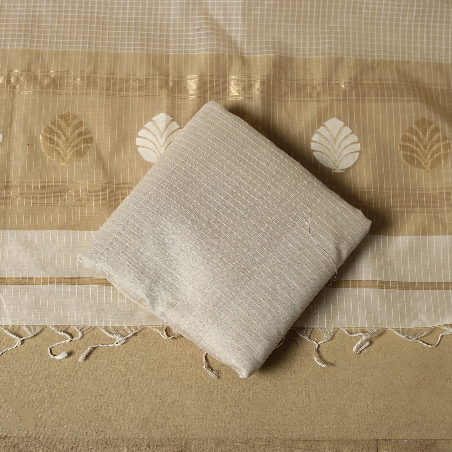 Beige - 3pc handloom thread & zari buti unstitched chanderi