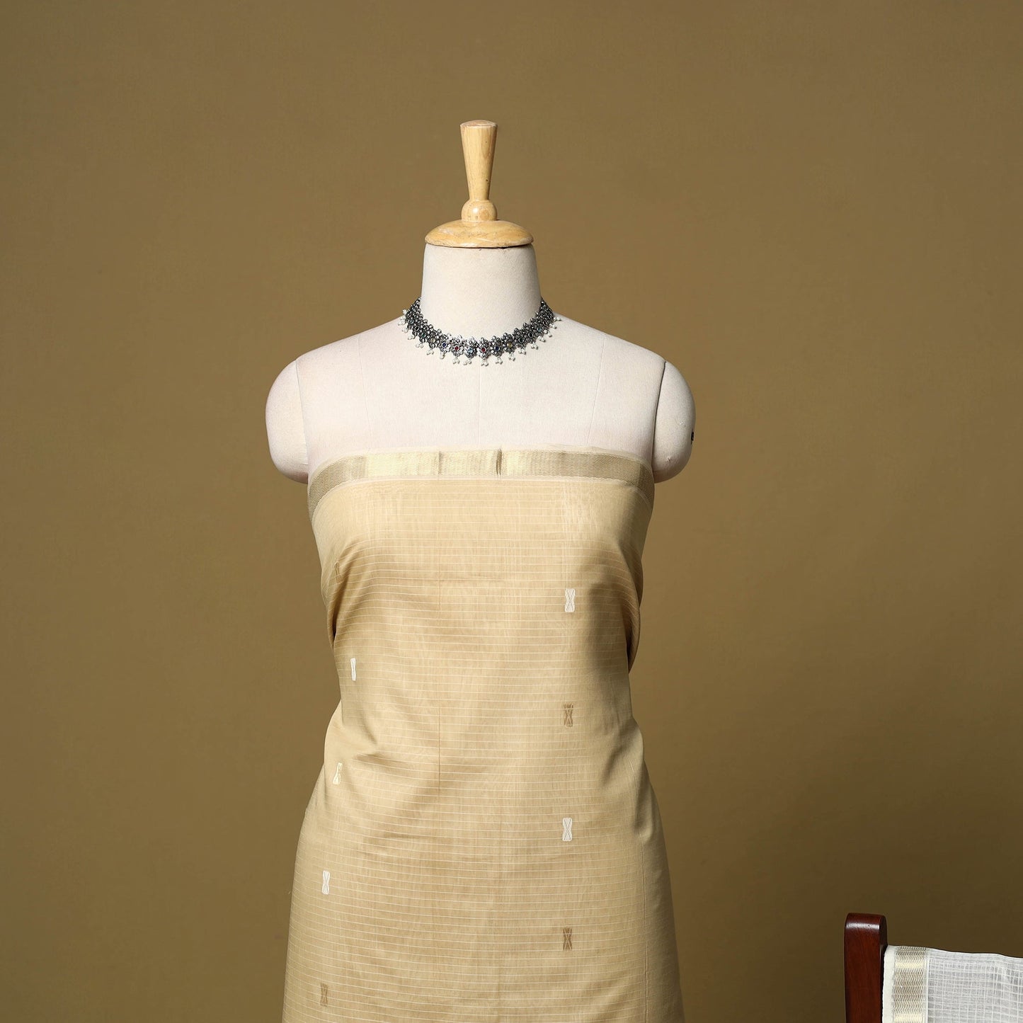 Beige - 3pc handloom thread & zari buti unstitched chanderi