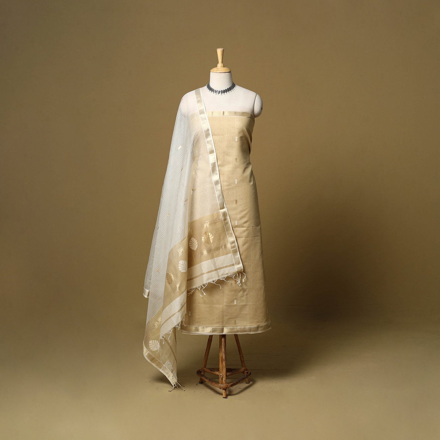 Beige - 3pc handloom thread & zari buti unstitched chanderi