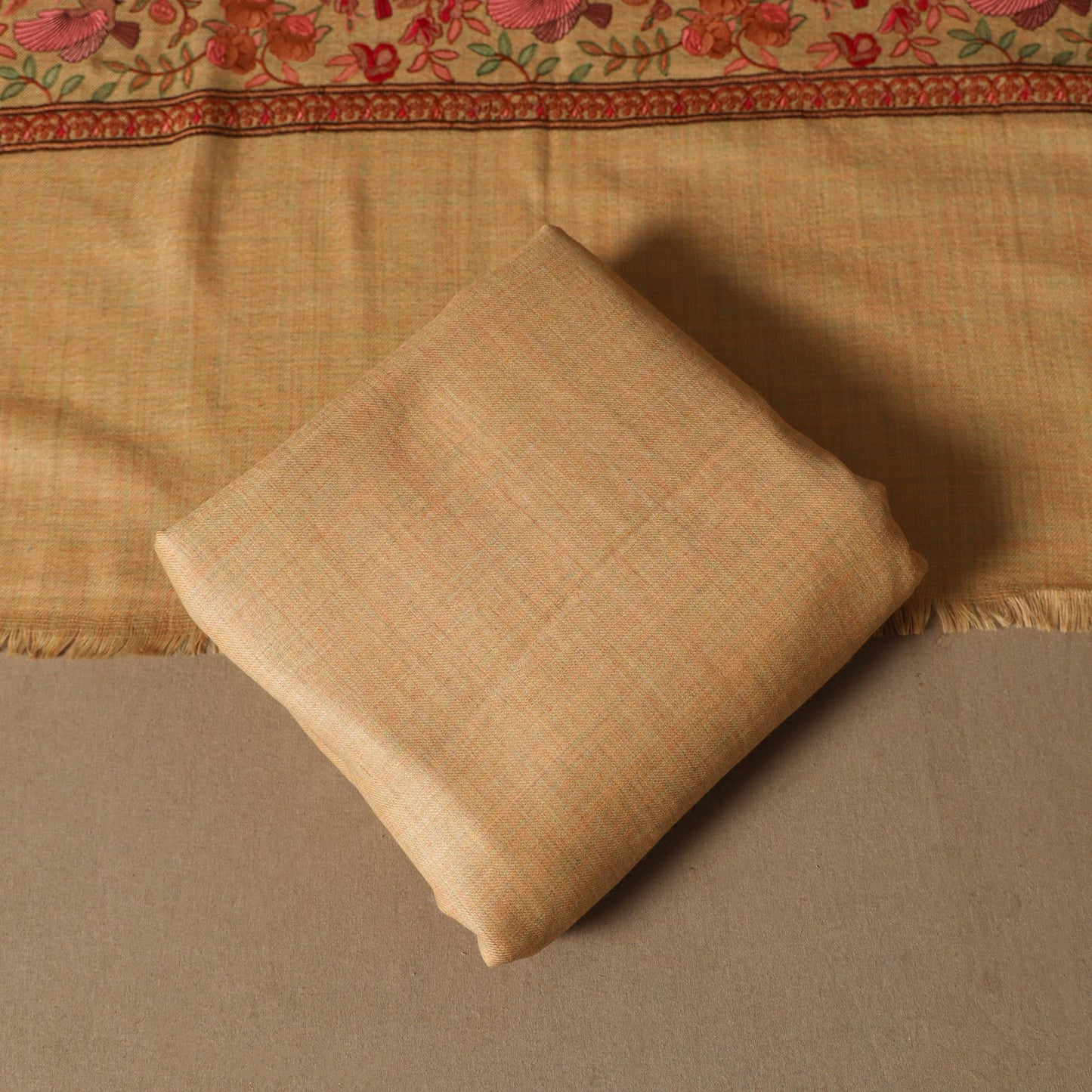 Beige - 3pc heavy hand embroidered work merino wool