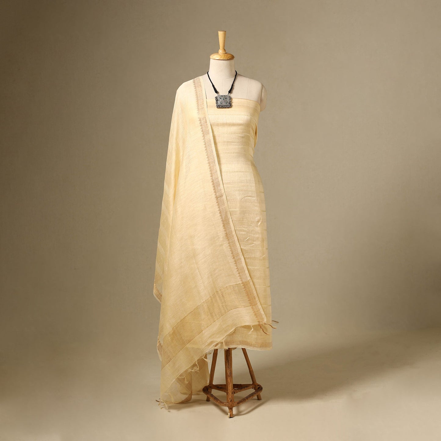 Beige 3pc Linen Silk Handloom Plain Dress Material