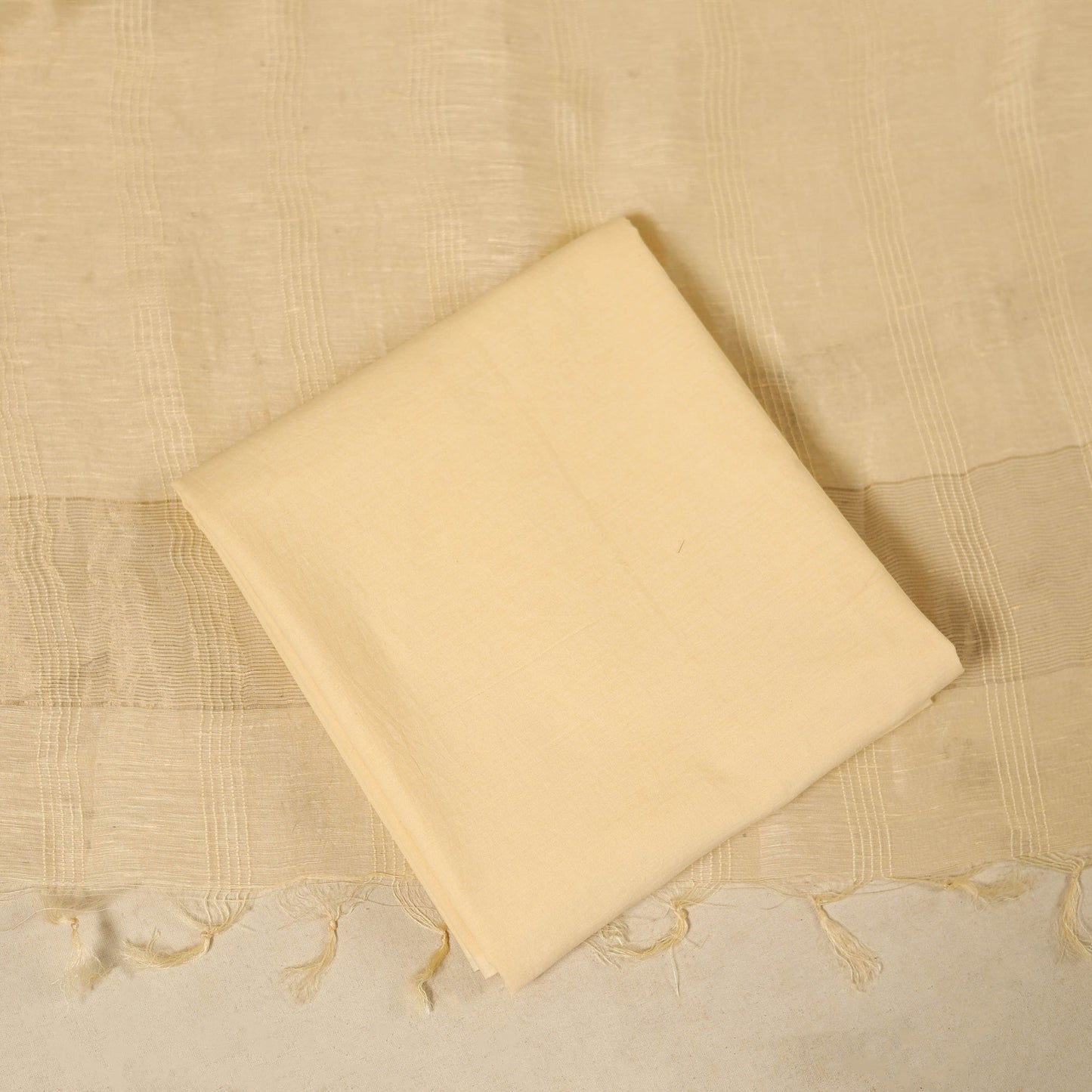 Beige 3pc Linen Silk Handloom Plain Dress Material