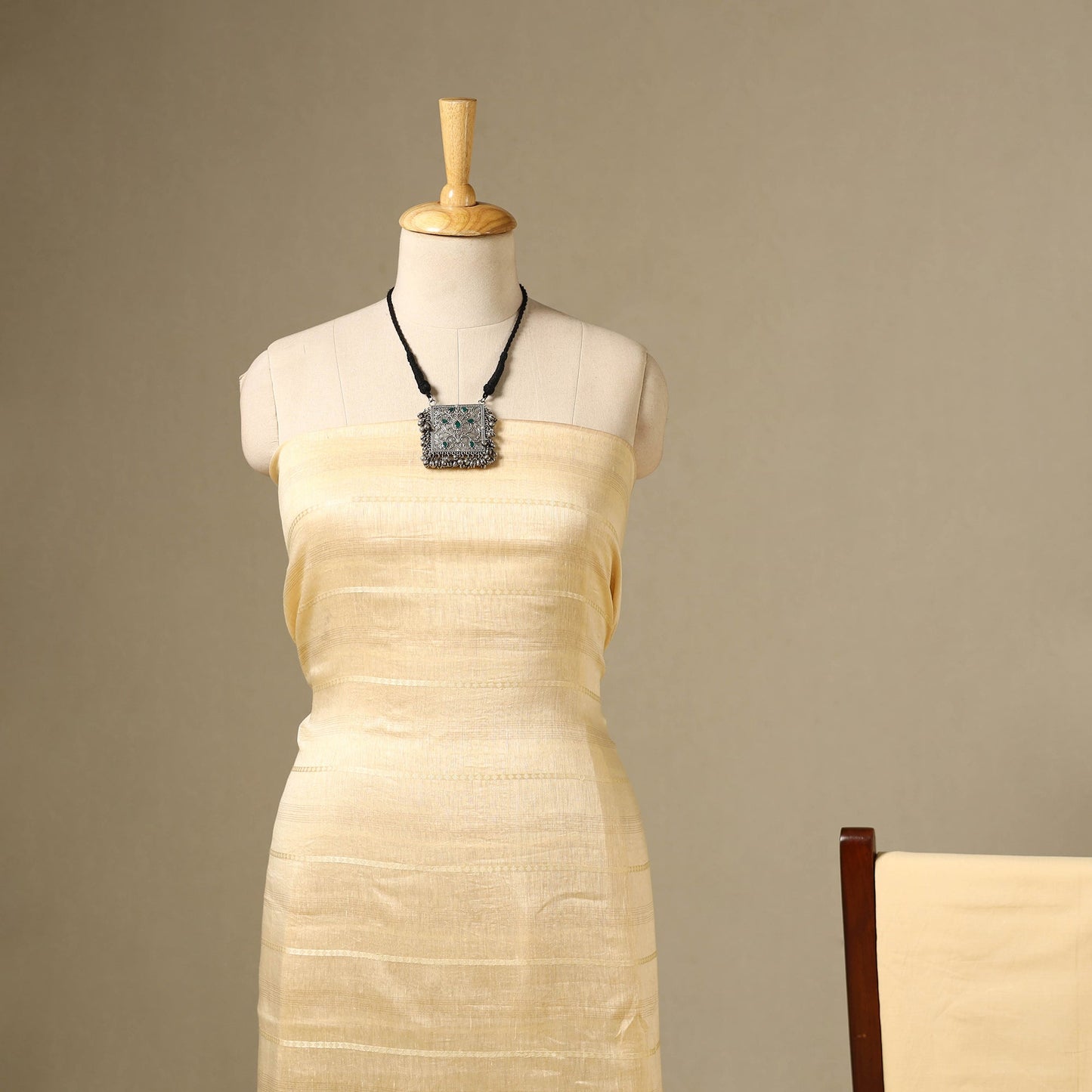 Beige 3pc Linen Silk Handloom Plain Dress Material