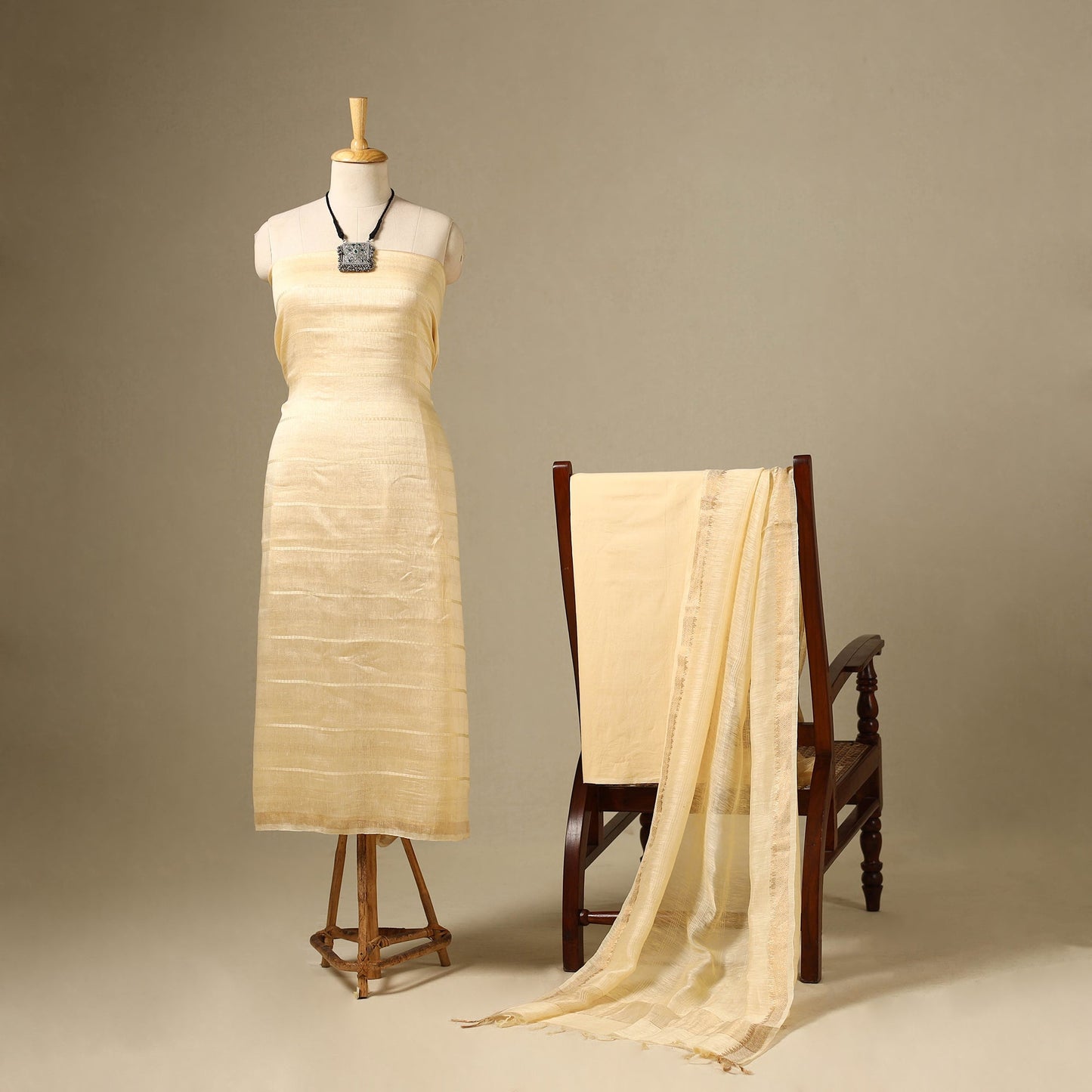Beige 3pc Linen Silk Handloom Plain Dress Material