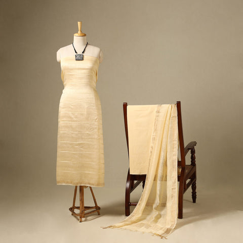 Beige 3pc Linen Silk Handloom Plain Dress Material