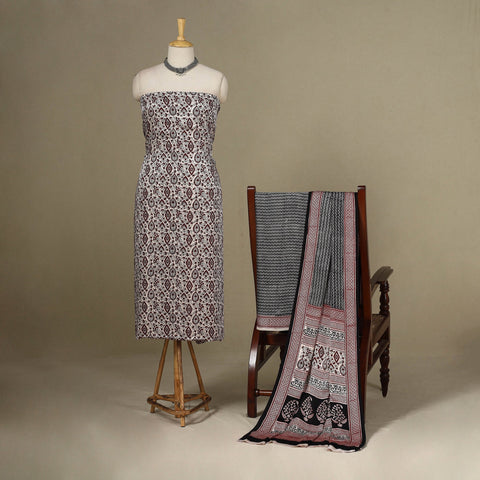 White - 3pc Modal Silk Unstitched Bagh Print Suit Material Set 