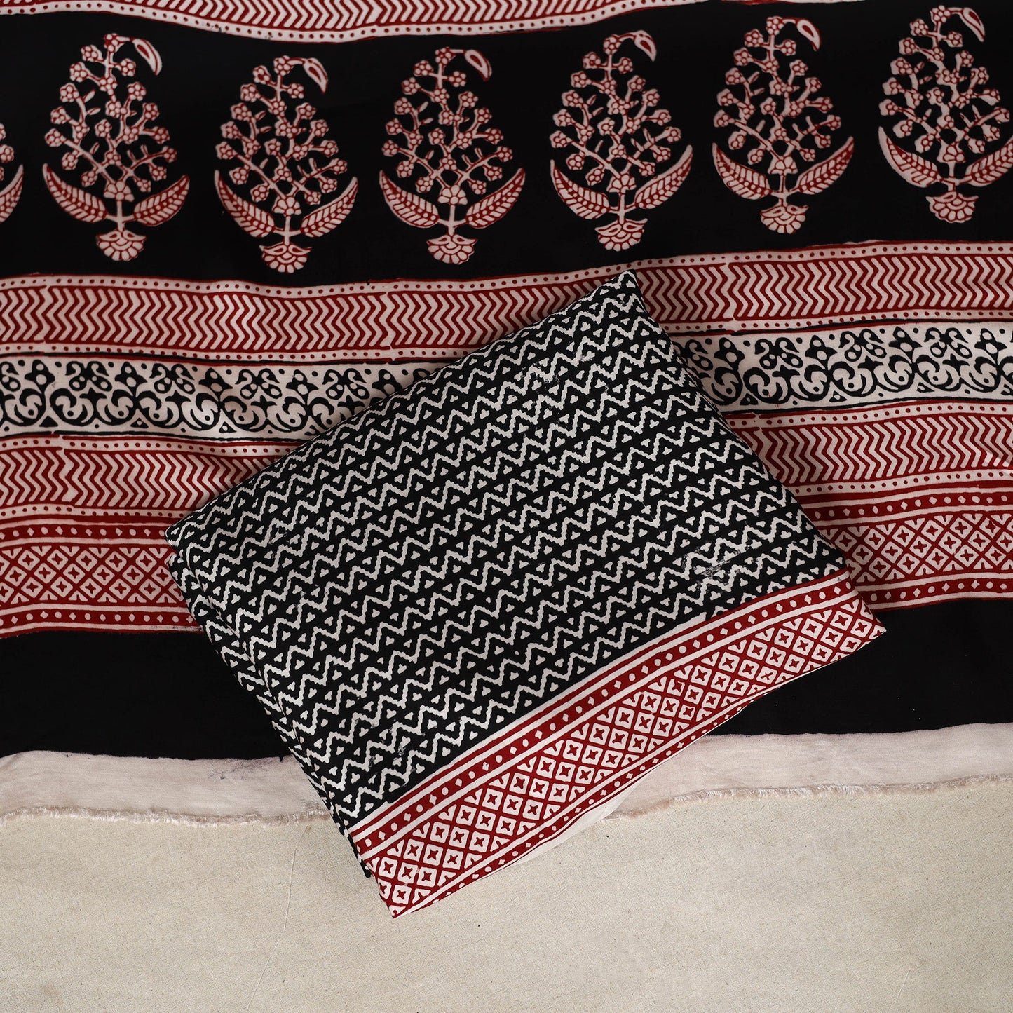 White - 3pc Modal Silk Unstitched Bagh Print Suit Material Set 