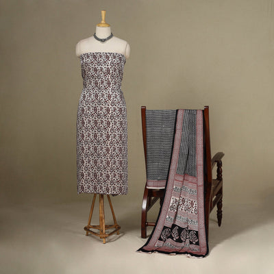 White - 3pc Modal Silk Unstitched Bagh Print Suit Material Set 