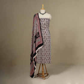 White - 3pc Modal Silk Unstitched Bagh Print Suit Material Set 