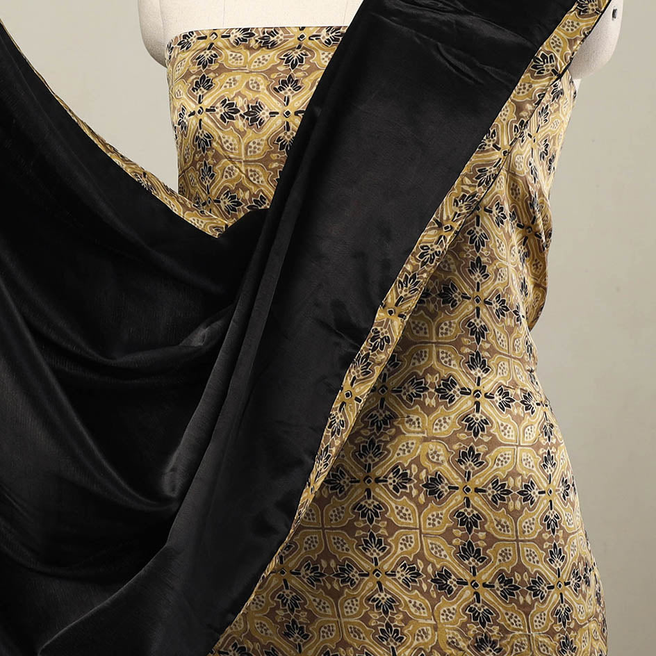 3pc Beige Natural Dyed Modal Silk Ajrakh Print Kurta Material Set