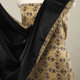 3pc Beige Natural Dyed Modal Silk Ajrakh Print Kurta Material Set